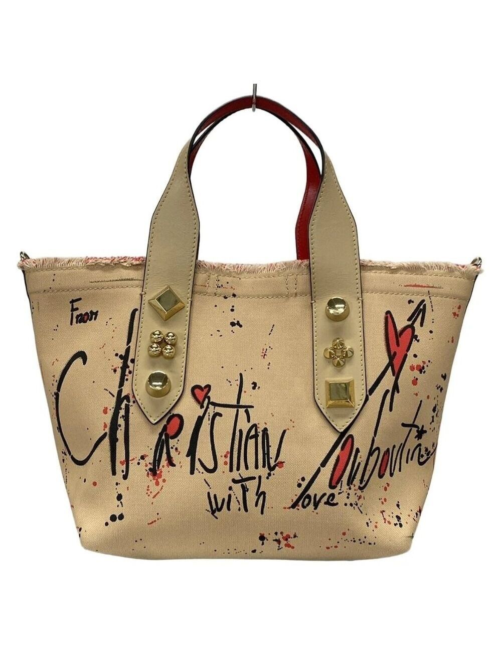 CHRISTIAN LOUBOUTIN Beige Gray Beige Multi Canvas Leather Tote Bag 548-080825